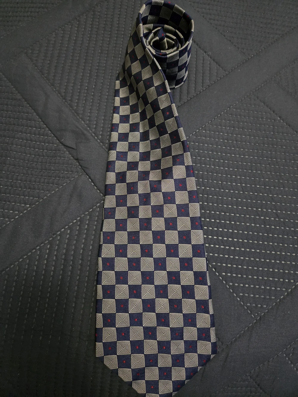 Polo By Ralph Lauren Classic Men's Navy Checker Silk Tie with Red Accents #581